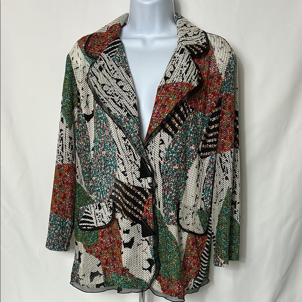 T&J Designs Women’s Size Large Mesh Multicolor Long One Button Top Jacket